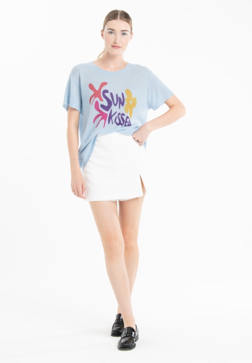 T shirt col rond manches courtes femme en cachemire déjaugé bleu ciel & imprimé - KELLY 18