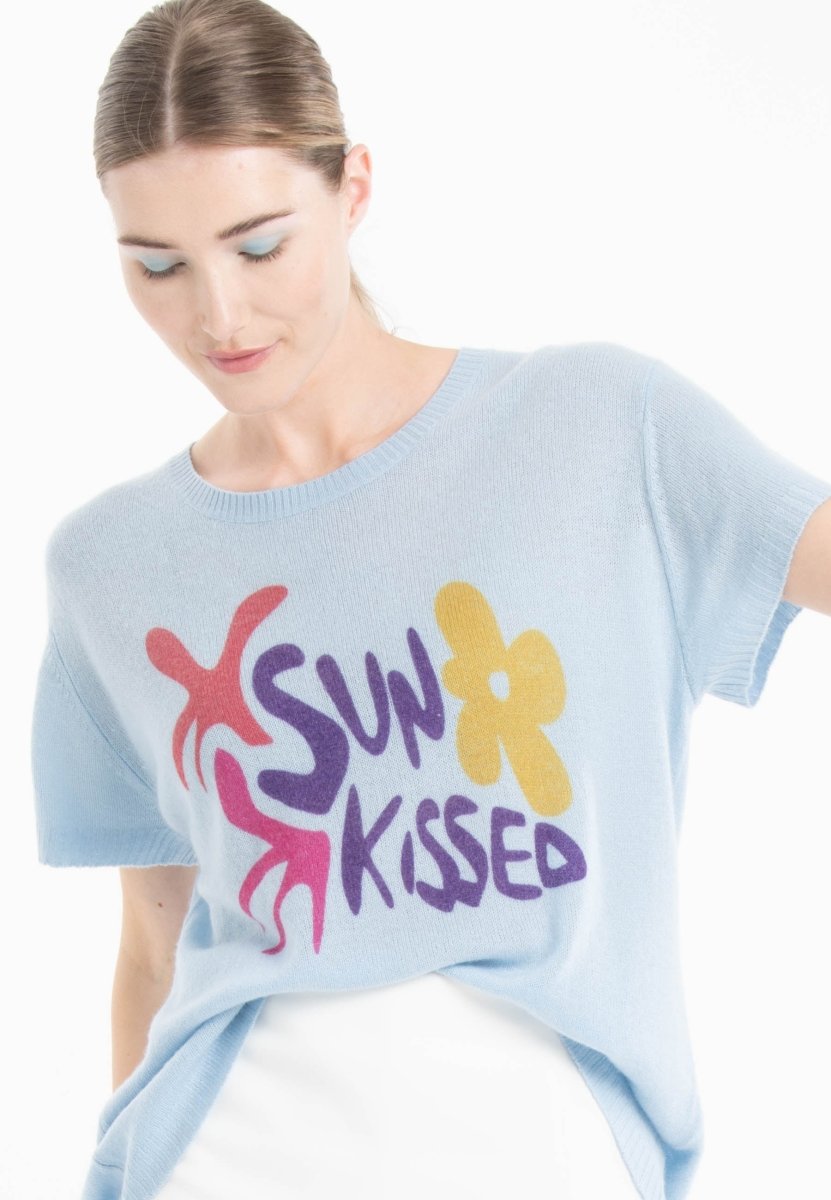 T shirt col rond manches courtes femme en cachemire déjaugé bleu ciel & imprimé - KELLY 18