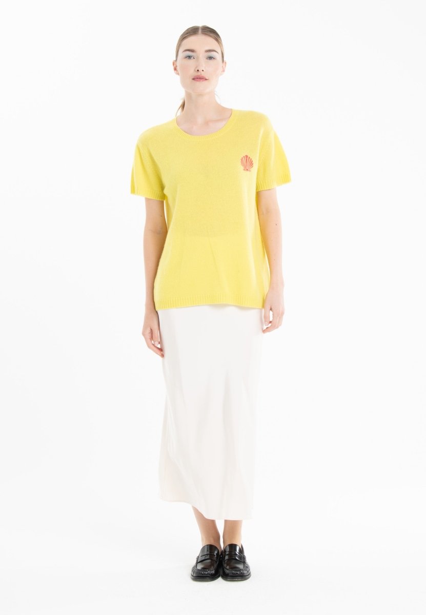 T shirt col rond manches courtes femme en cachemire déjaugé jaune fluo & broderie - KELLY 15
