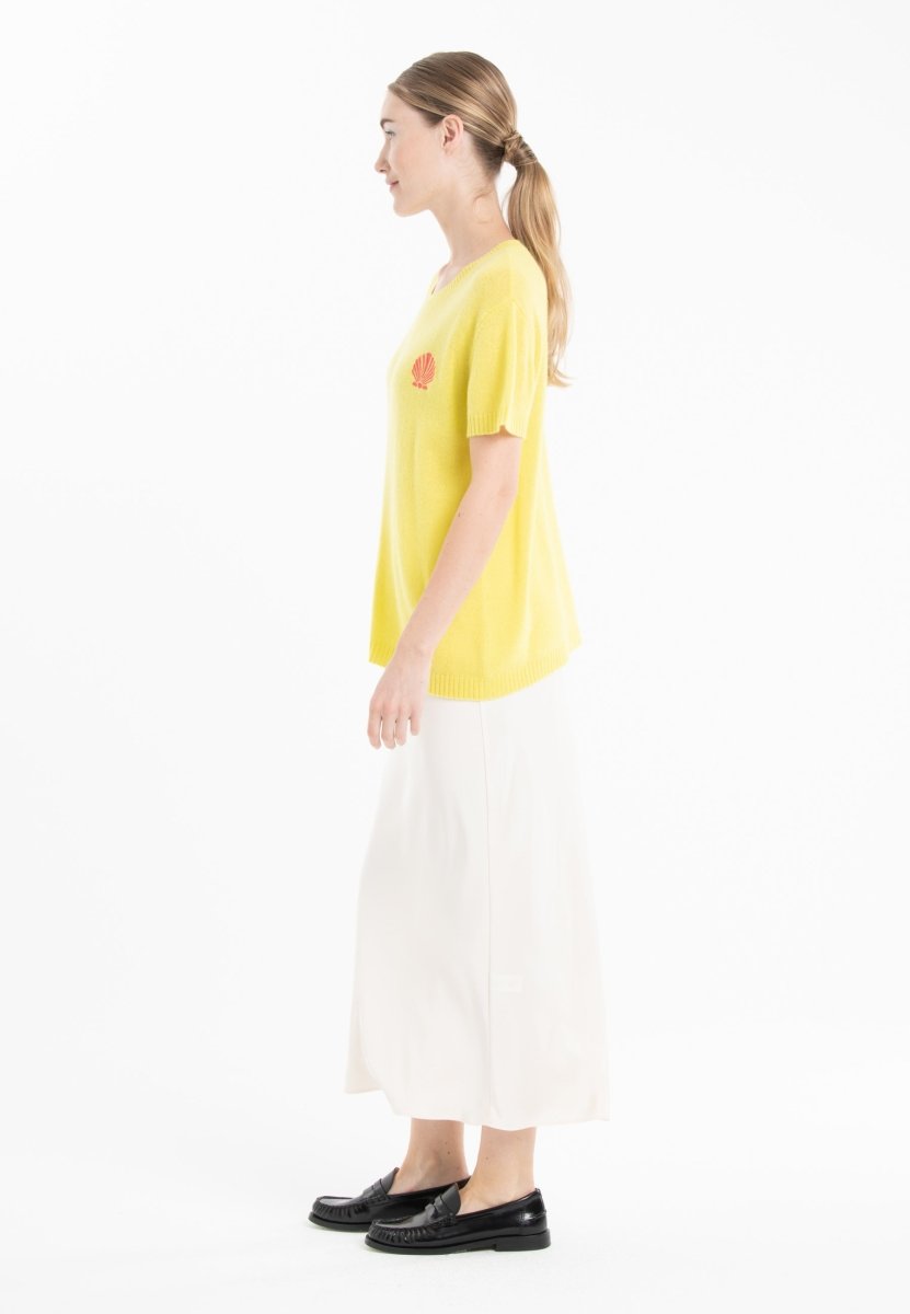 T shirt col rond manches courtes femme en cachemire déjaugé jaune fluo & broderie - KELLY 15