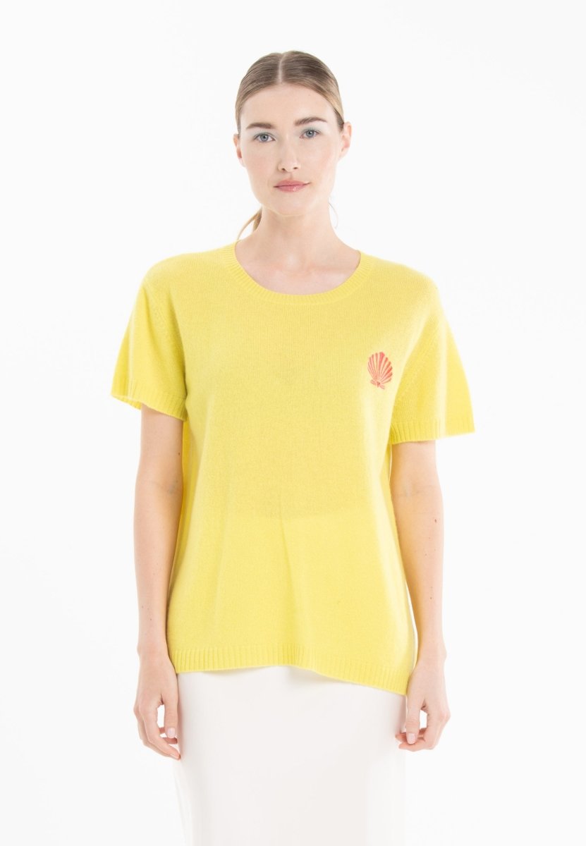 T shirt col rond manches courtes femme en cachemire déjaugé jaune fluo & broderie - KELLY 15
