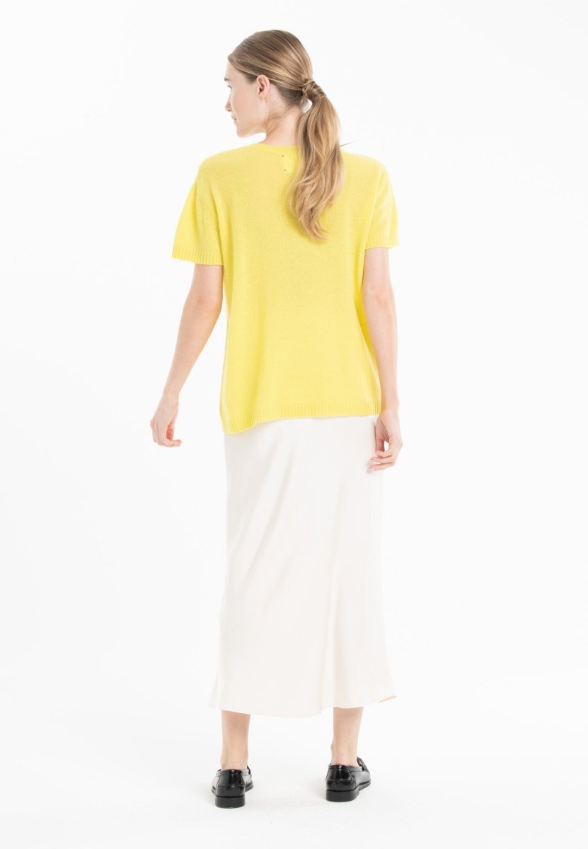 T shirt col rond manches courtes femme en cachemire déjaugé jaune fluo & broderie - KELLY 15