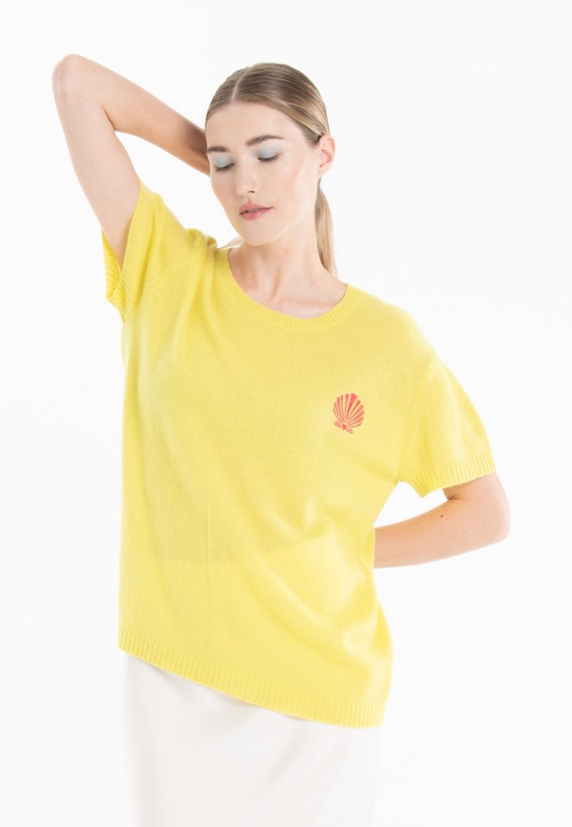 T shirt col rond manches courtes femme en cachemire déjaugé jaune fluo & broderie - KELLY 15