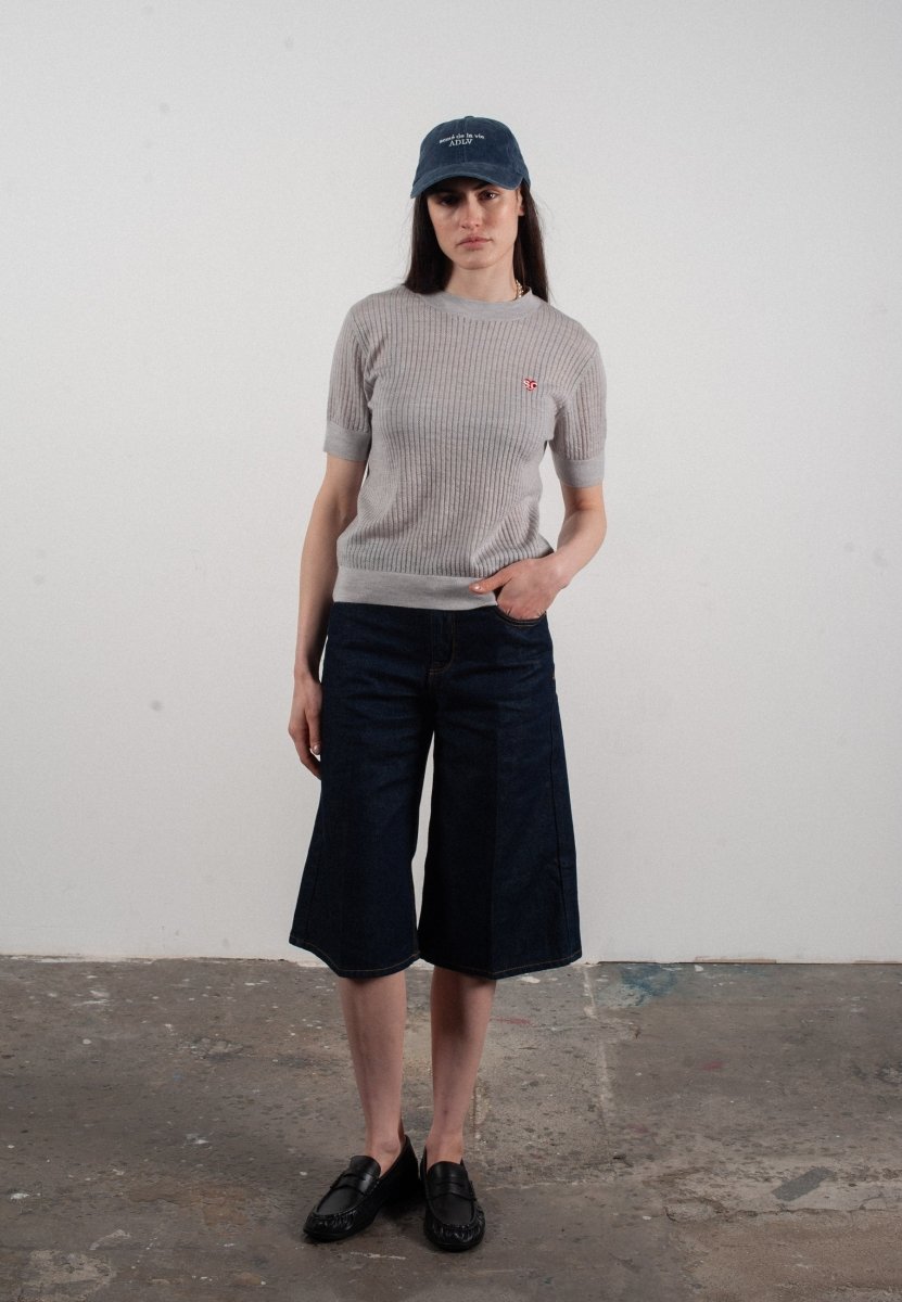 T-shirt col rond manches courtes femme en cachemire et laine ajouré ultrafin gris clair - FRIDA 8-4