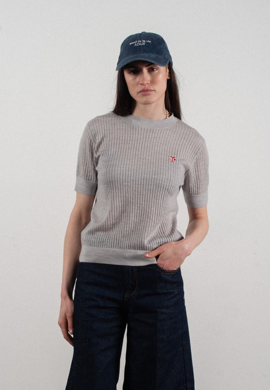 T-shirt col rond manches courtes femme en cachemire et laine ajouré ultrafin gris clair - FRIDA 8-0