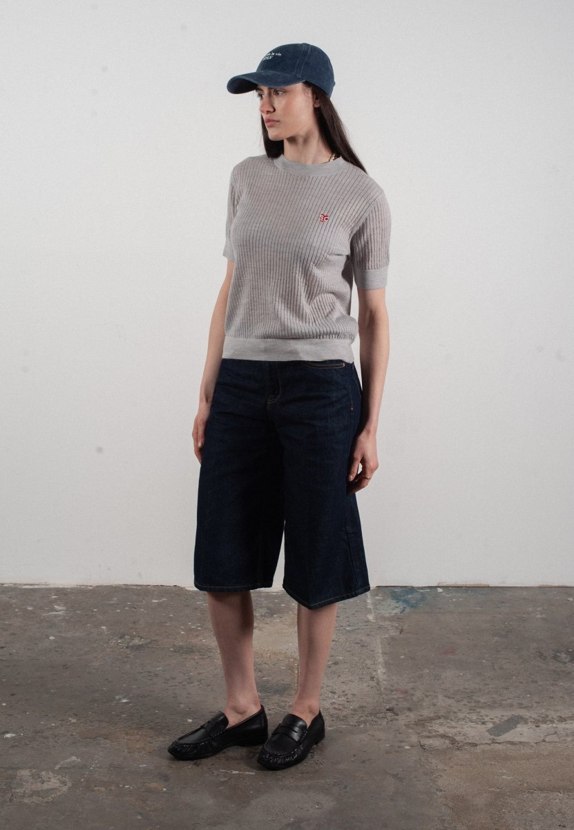 T-shirt col rond manches courtes femme en cachemire et laine ajouré ultrafin gris clair - FRIDA 8-1