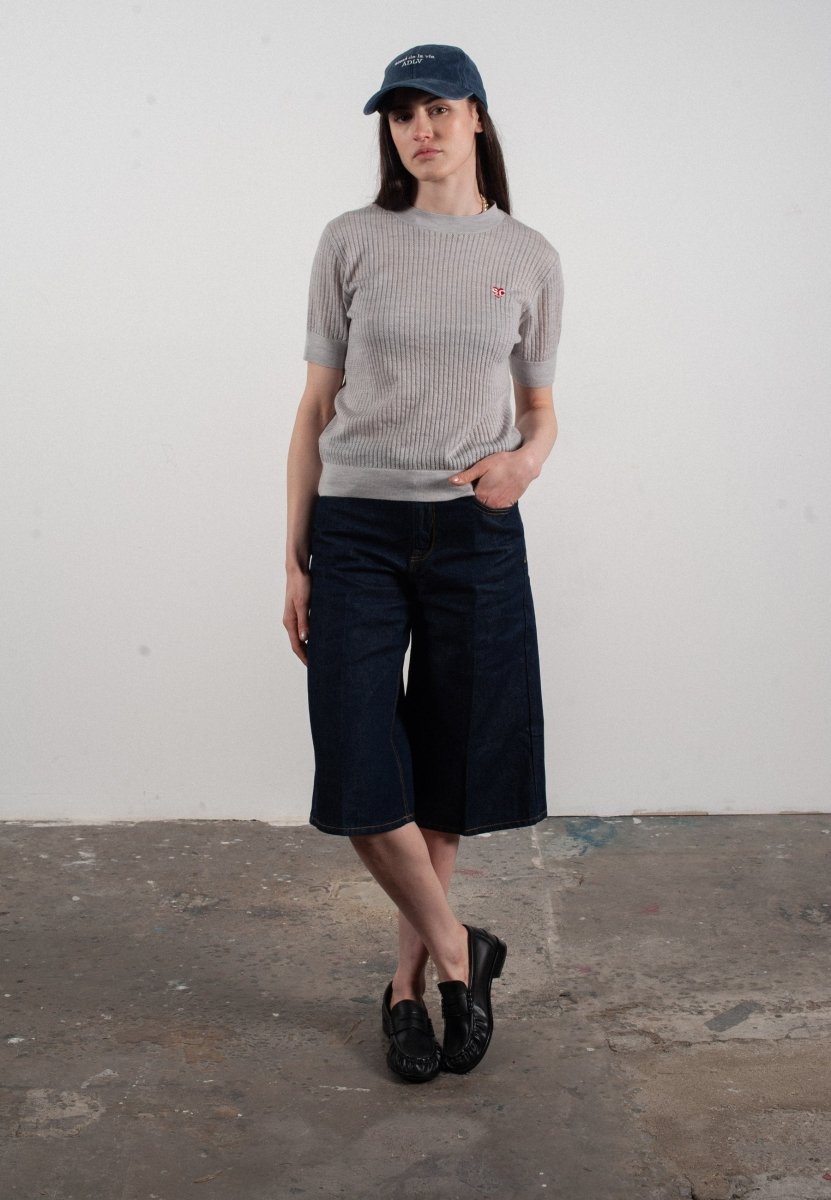 T-shirt col rond manches courtes femme en cachemire et laine ajouré ultrafin gris clair - FRIDA 8-3