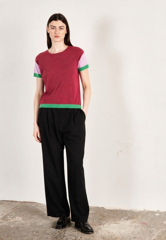 T shirt col rond manches courtes femme en cachemire & laine ultrafin rouge & lavande & vert - KELLY 7-0