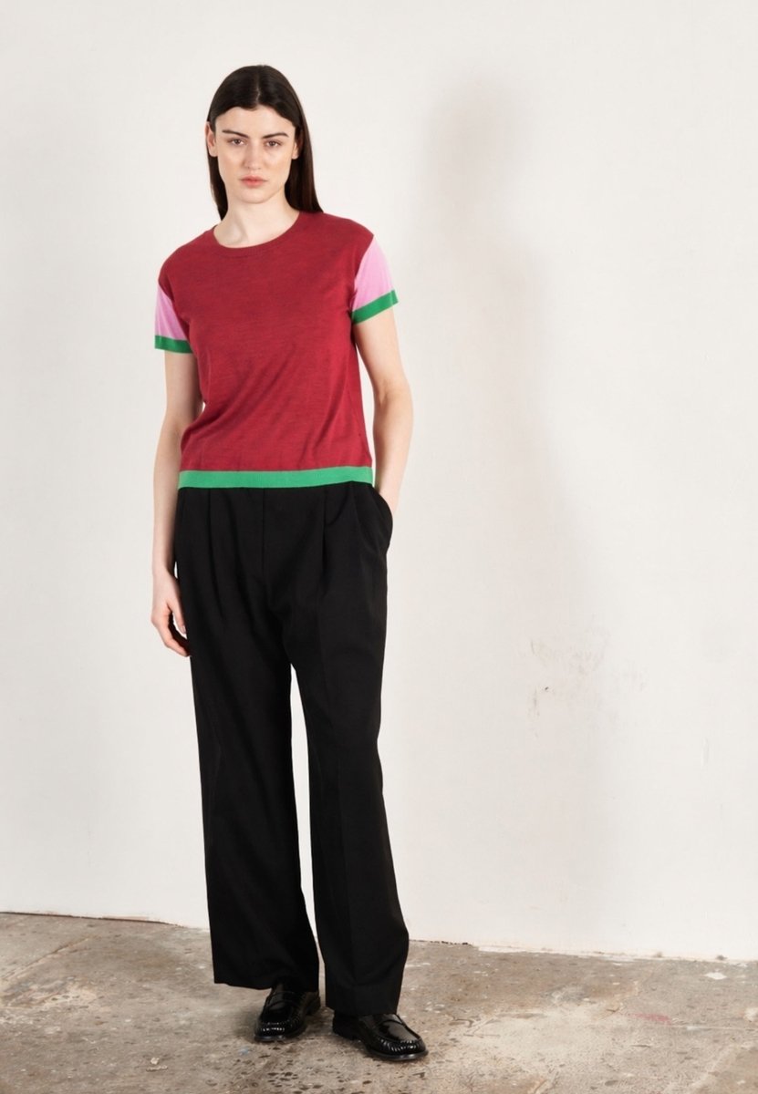 T shirt col rond manches courtes femme en cachemire & laine ultrafin rouge & lavande & vert - KELLY 7-3