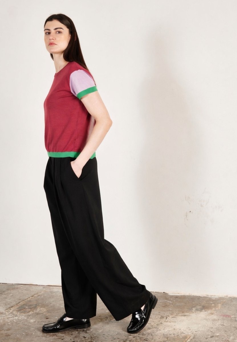 T shirt col rond manches courtes femme en cachemire & laine ultrafin rouge & lavande & vert - KELLY 7-1
