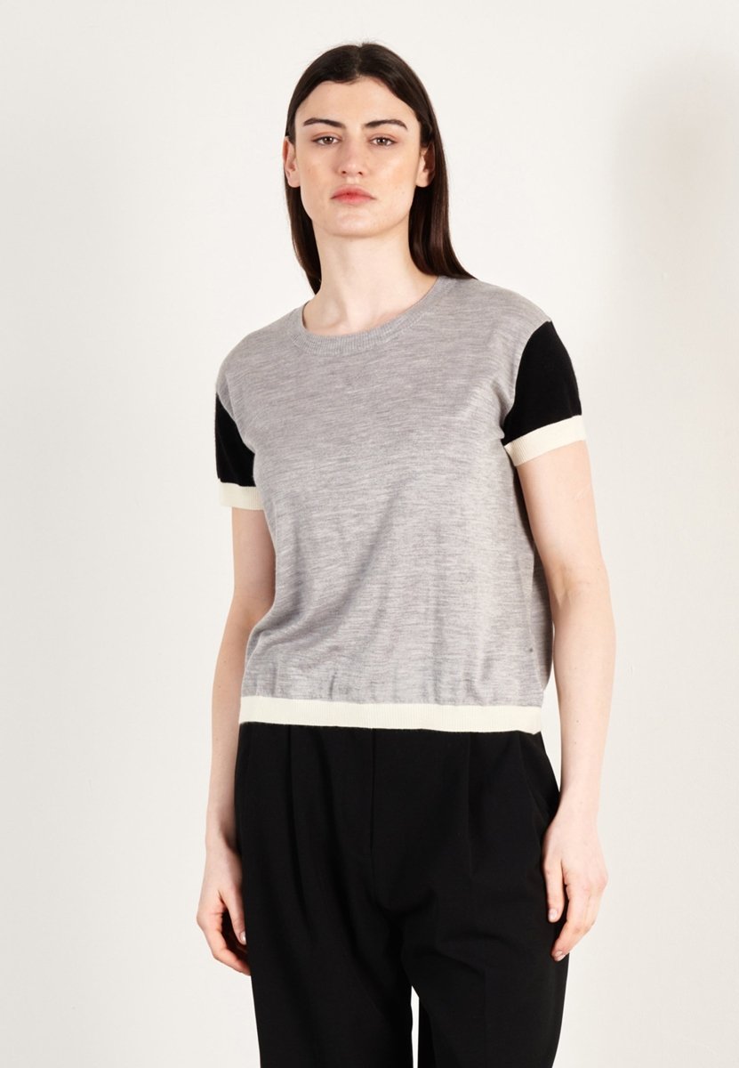 T shirt col rond manches courtes femme en cachemire & laine ultrafin gris & noir & blanc - KELLY 7-0