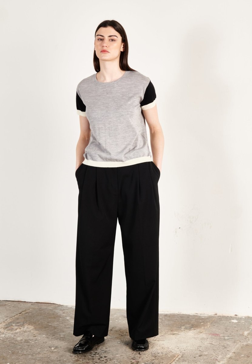T shirt col rond manches courtes femme en cachemire & laine ultrafin gris & noir & blanc - KELLY 7-3