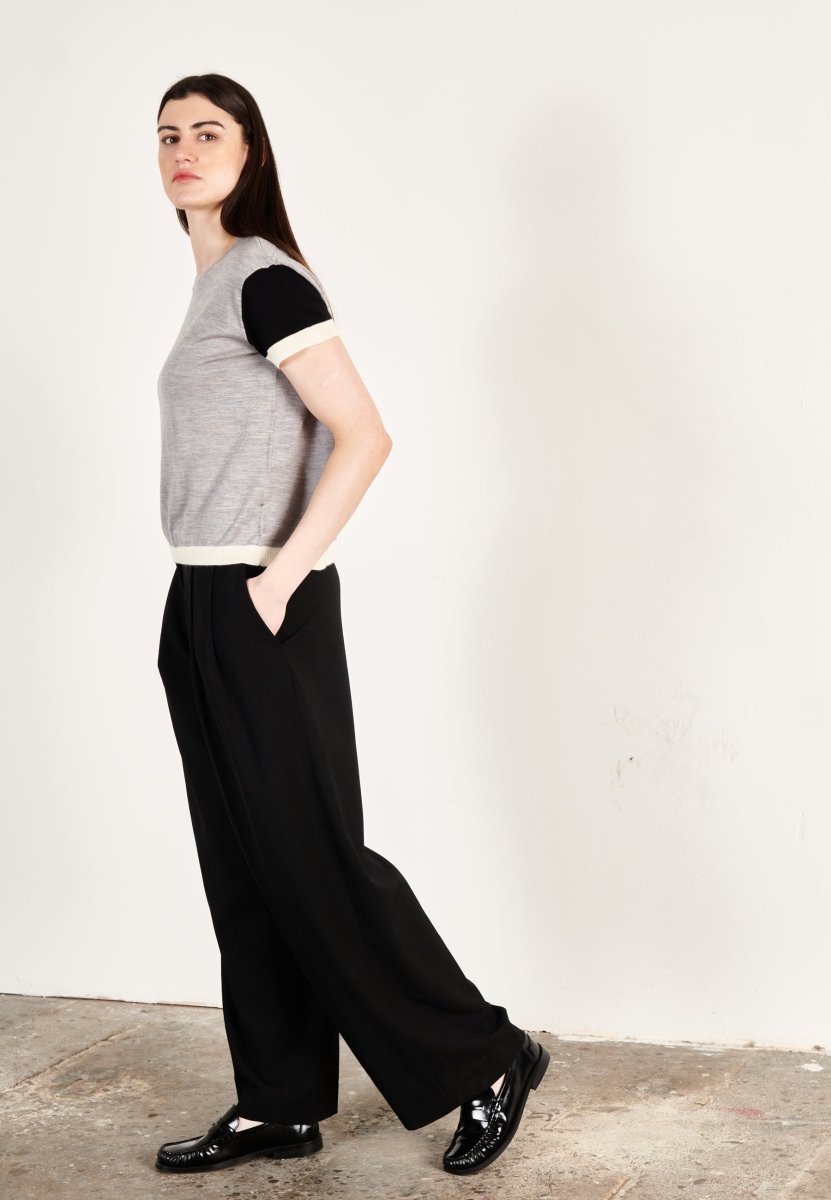 T shirt col rond manches courtes femme en cachemire & laine ultrafin gris & noir & blanc - KELLY 7-2