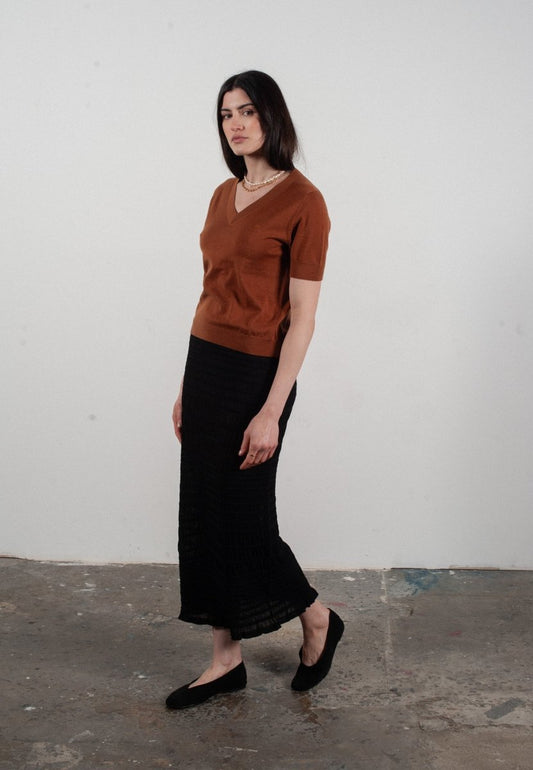 T-shirt col V manches courtes femme en cachemire et laine ultrafin marron clair - FRIDA 10