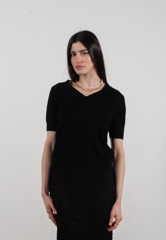 T-shirt col V manches courtes femme en cachemire et laine ultrafin noir - FRIDA 10