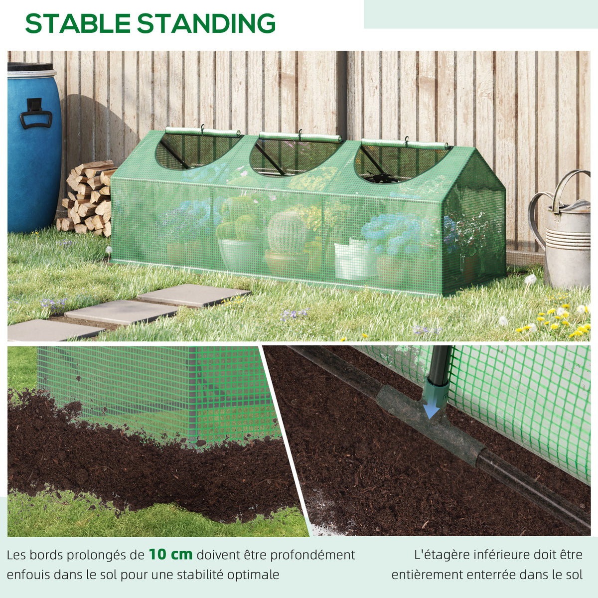 Serre de jardin mini serre 3 fenêtres enroulables couverture en PE haute densité 140 g/m² 180 x 60 x 60 cm vert foncé