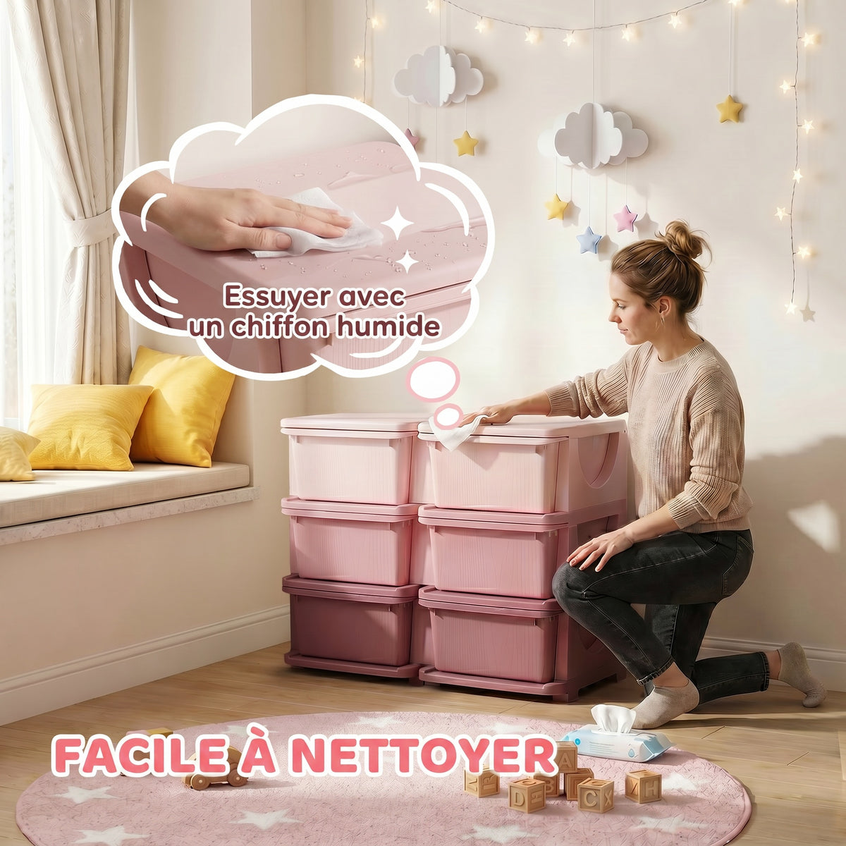 Organisateur de jouets pour enfants à 3 niveaux avec 6 tiroirs, boîtes de rangement en plastique, 75x37x56,5cm, rose