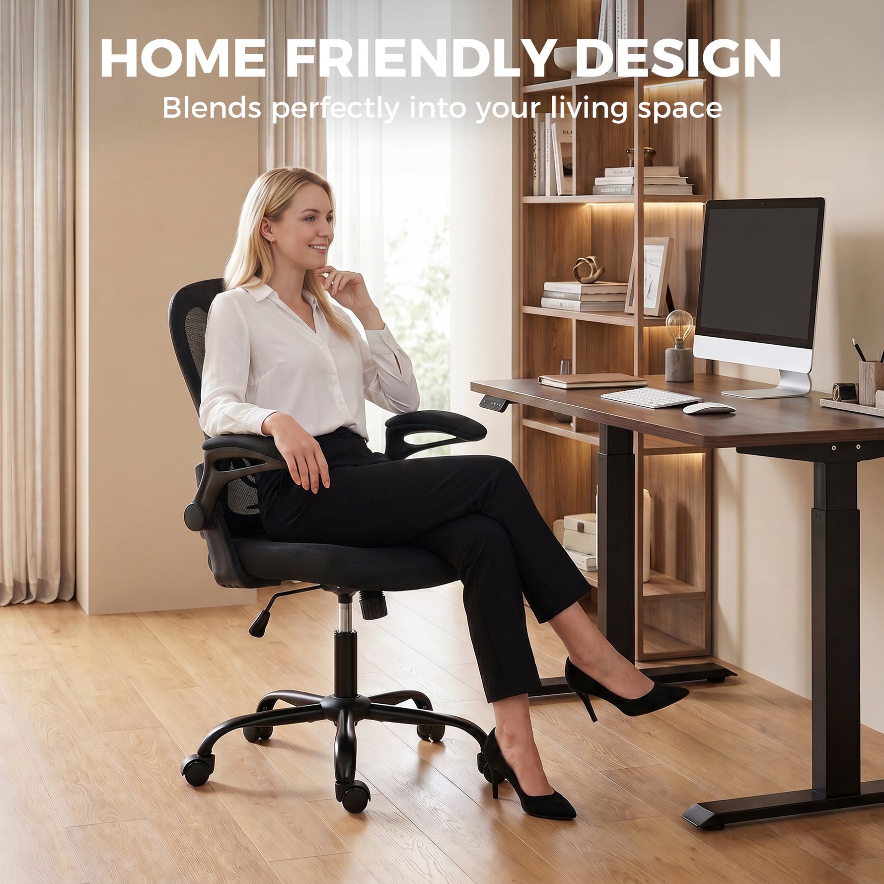 Chaise Bureau Ergonomique, Fauteuil de Bureau Maille, Accoudoirs Relevables, Hauteur Réglable, Fonction Bascule, Noir
