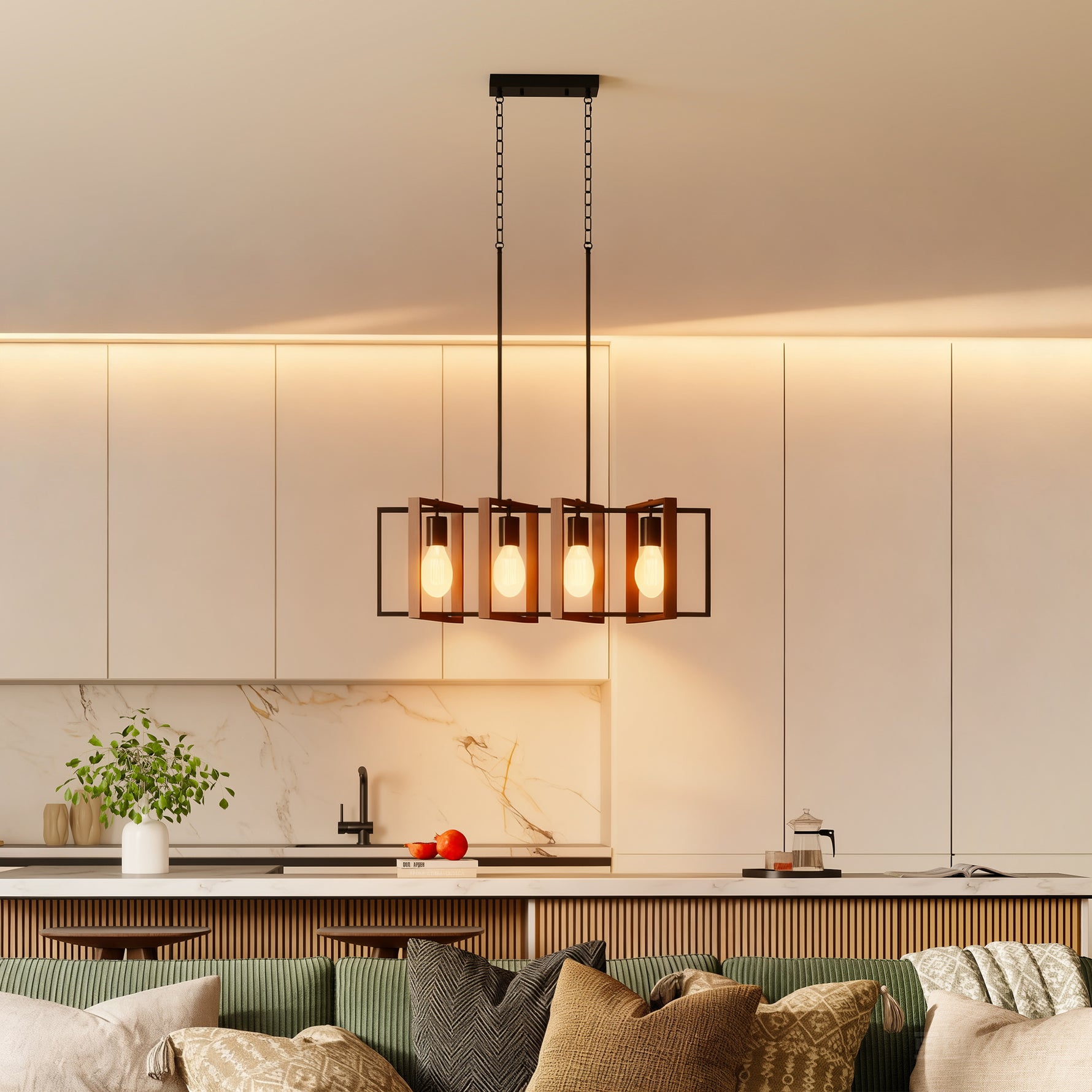 Suspension luminaire moderne, lustre plafonnier avec 4 cadres rotatifs et hauteur réglable, 80 x 21 x 90-130 cm, noyer