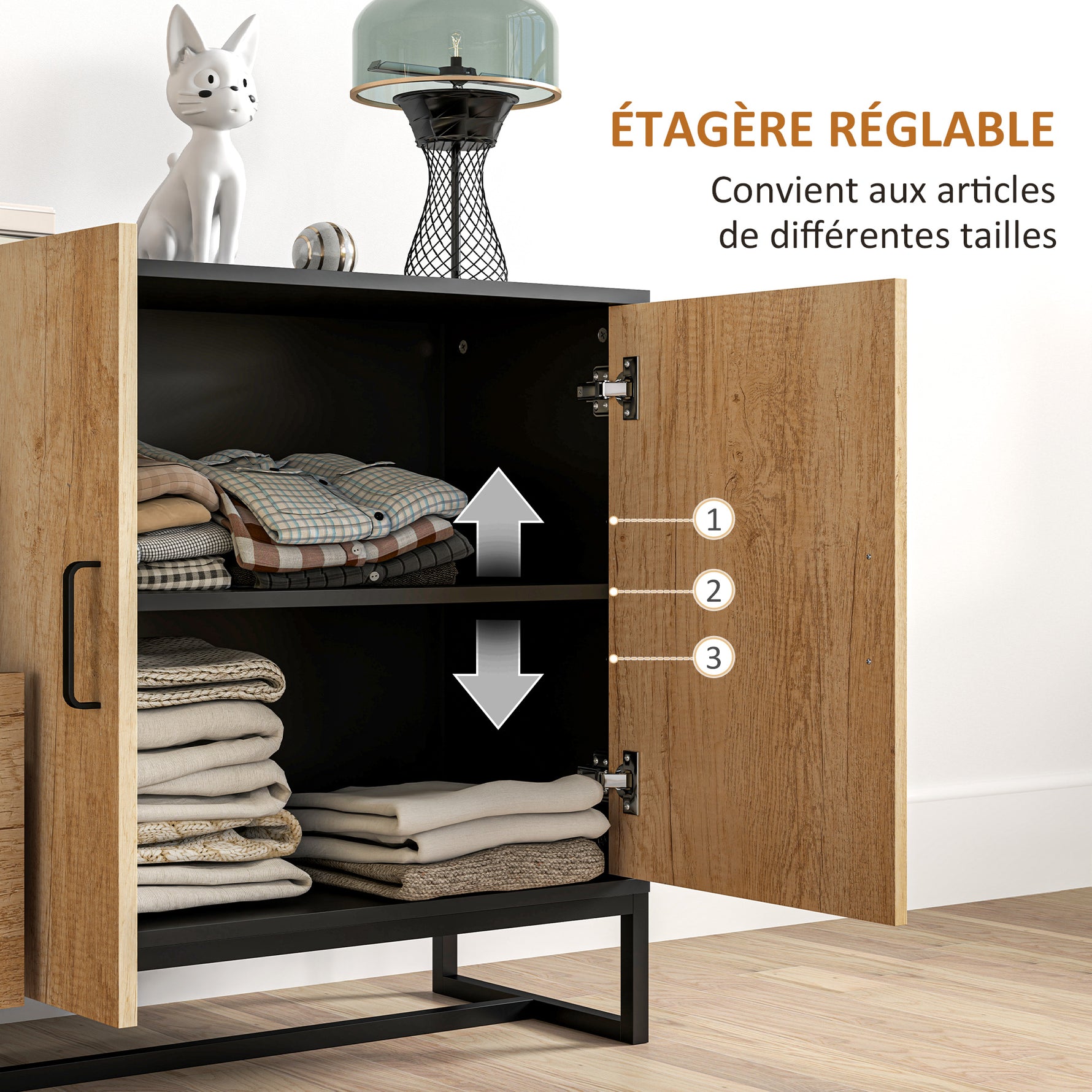 Buffet salon meuble de rangement avec 3 tiroirs et étagère réglable, pieds en acier, poignées en alliage d'aluminium