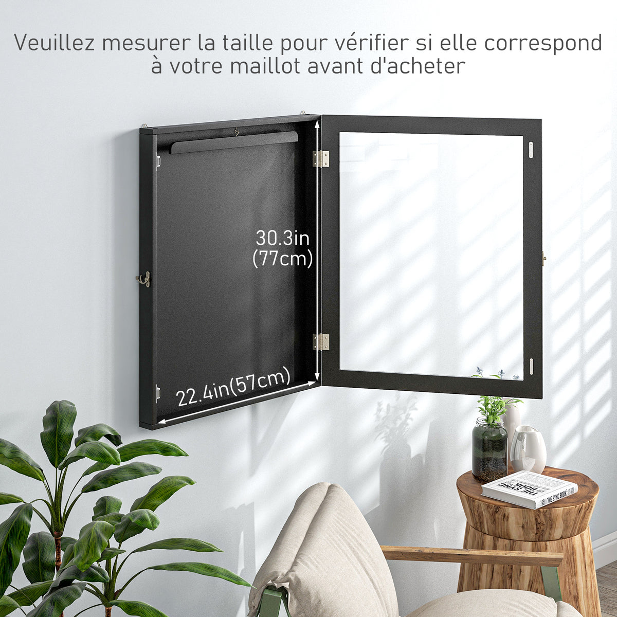 Frame box T-frame cadre pour maillot porte acrylique doublure interne feutre 60 x 6,5 x 80 cm noir