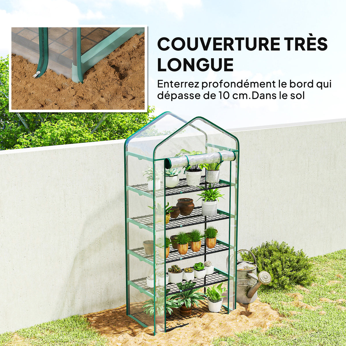 Serre de jardin PVC avec étagères 5 niveaux, serre de balcon, châssis en acier, porte zippée, 90x49x193cm, transparent