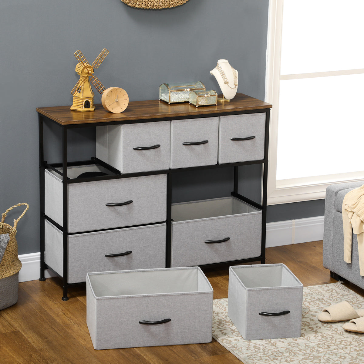 Commode 8 tiroirs meuble de rangement tiroir en tissu pliant - structure acier noir - 100 x 30 x 78 cm
