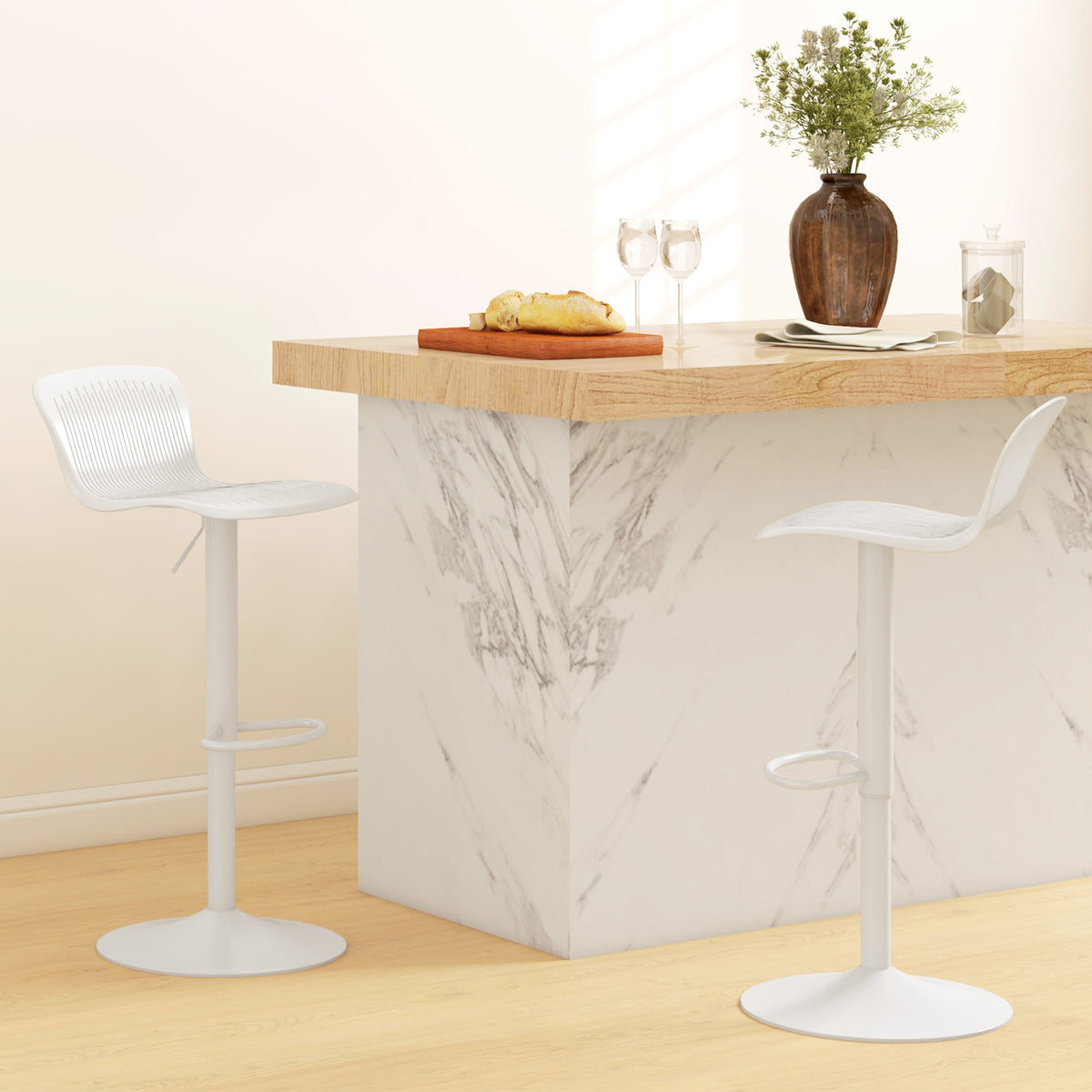Lot de 2 tabourets de bar, chaises de bar réglable en hauteur, dossier et repose-pieds, 38,5x40x76,5-97,5cm, blanc