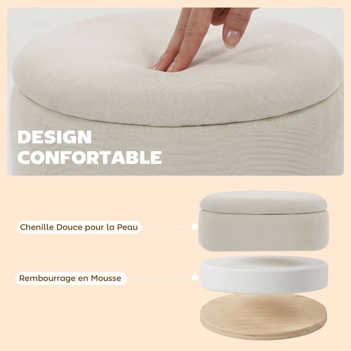 Pouf de Rangement en Chenille avec Couvercle, Tabouret Rond pour Salon et Chambre, Beige