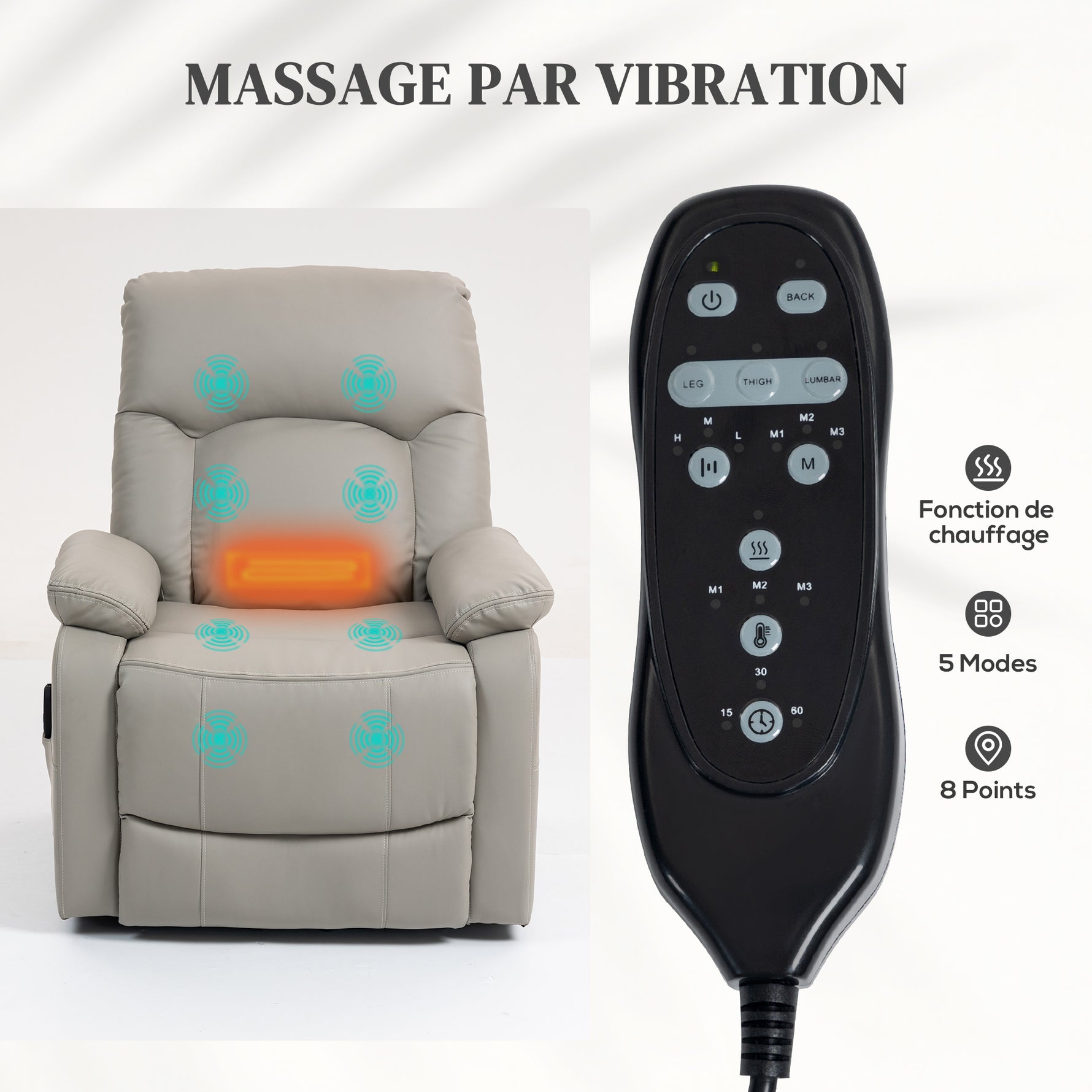 Fauteuil releveur électrique, fauteuil relax électrique avec fonction massage et chauffage, 89 x 94,5 x 103 cm, gris