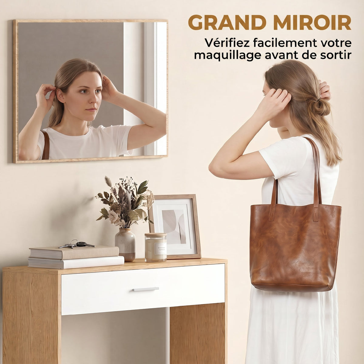 Console meuble + miroir, table console étroite avec tiroir et étagère, style moderne, 91,5 x 27,9 x 85,5 cm, chêne