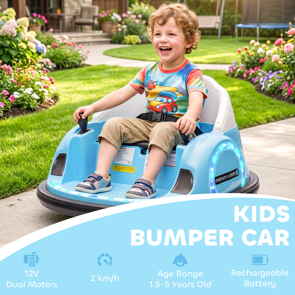 Voiture Tamponneuse Électrique Enfant 12V, Rotation à 360°, Auto-Tamponneuse Enfant avec Télécommande, Bleu