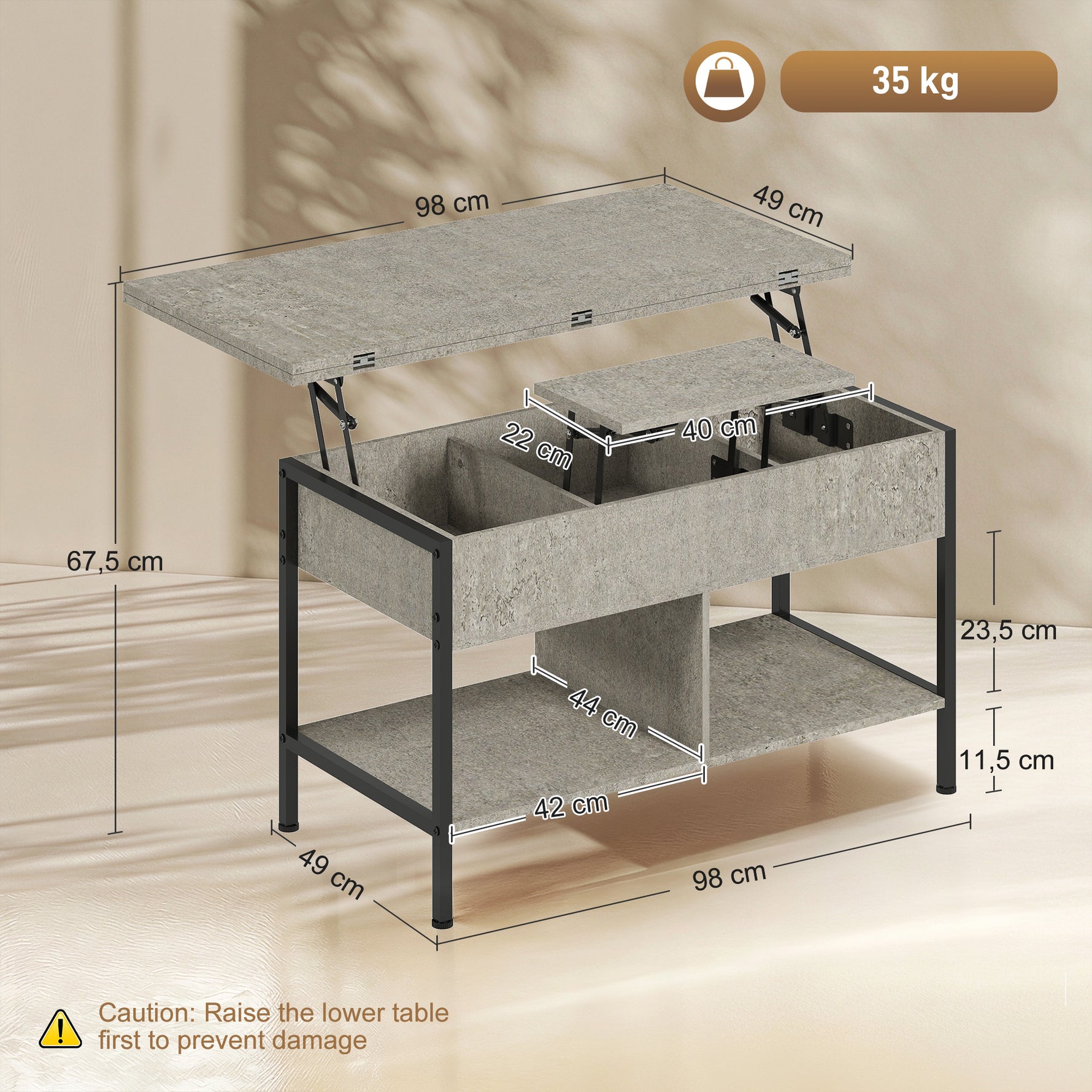 Table basse relevable et extensible, table de salon avec compartiment caché étagères ouvertes, 98x49x55cm, gris