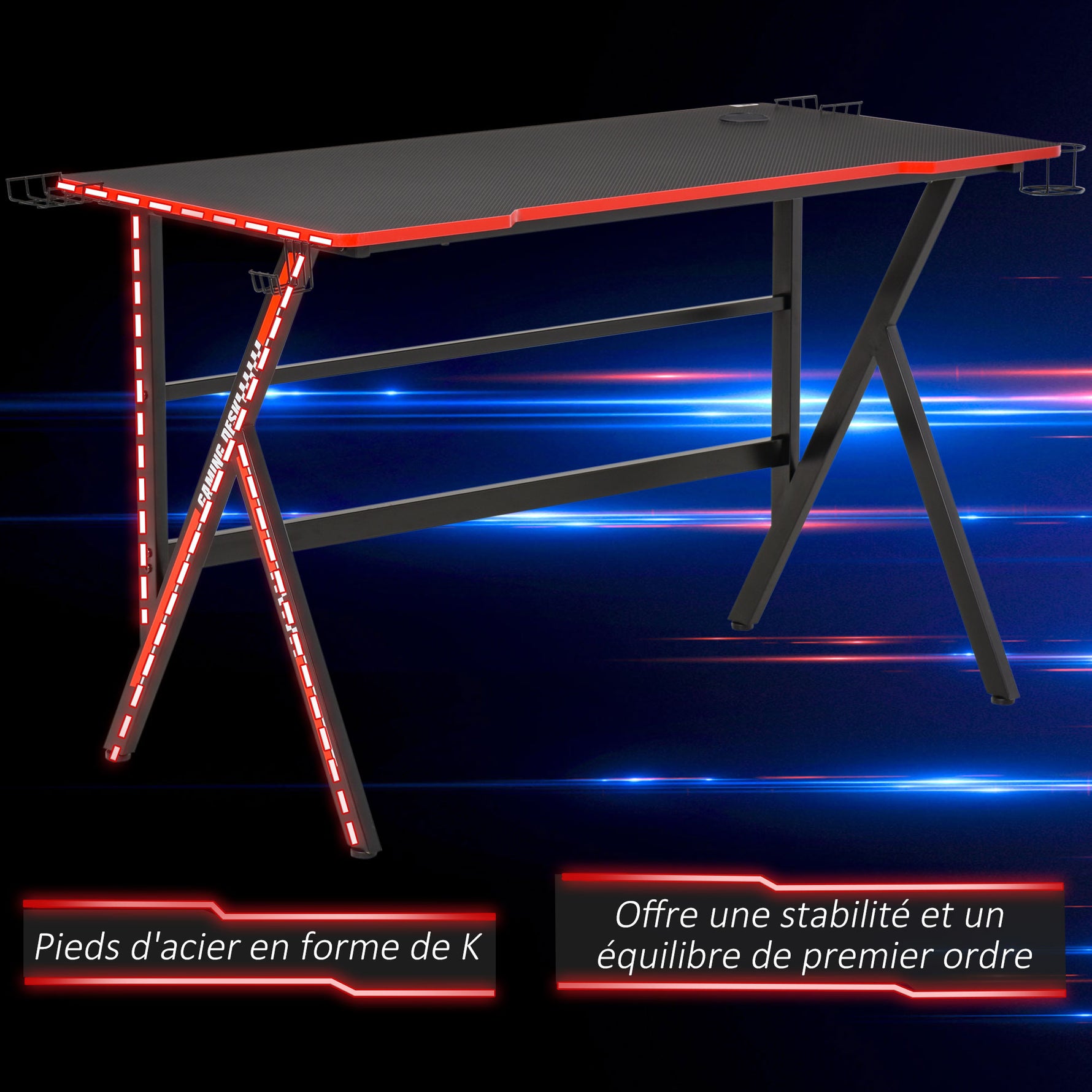 Bureau gaming racing bureau gamer bureau informatique bracket supports casque enceintes porte-gobelet métal plateau MDF texture carbone rouge noir