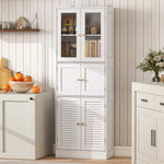 Meuble de salle de bain haut, meuble de rangement avec 6 portes dont 2 vitrées et 2 persiennes, étagère réglable, blanc