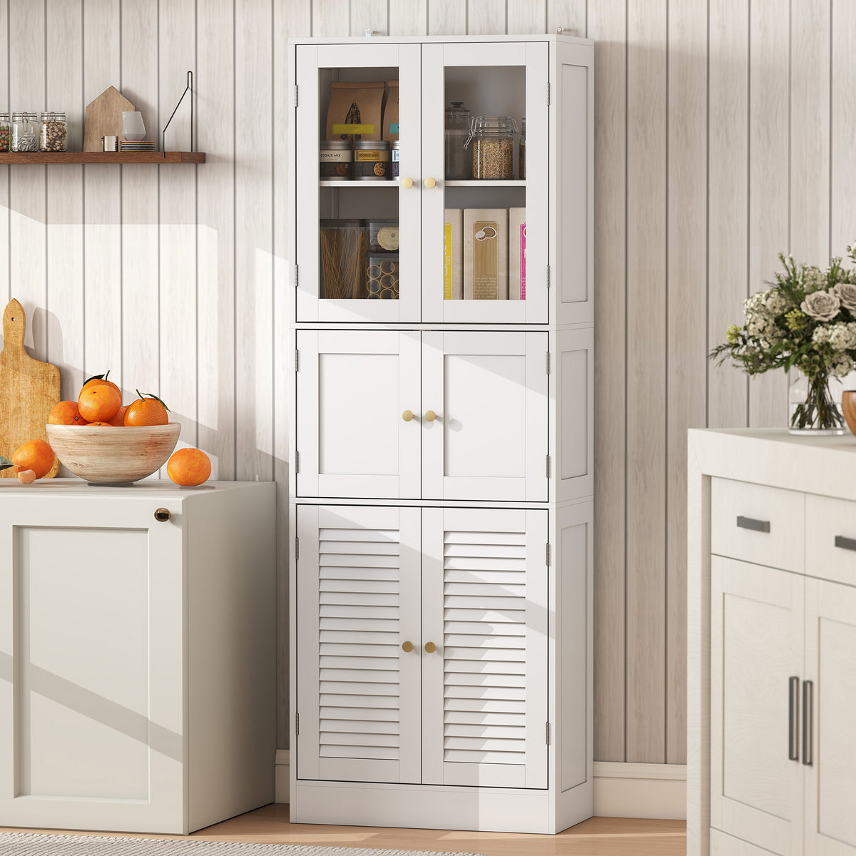 Meuble de salle de bain haut, meuble de rangement avec 6 portes dont 2 vitrées et 2 persiennes, étagère réglable, blanc