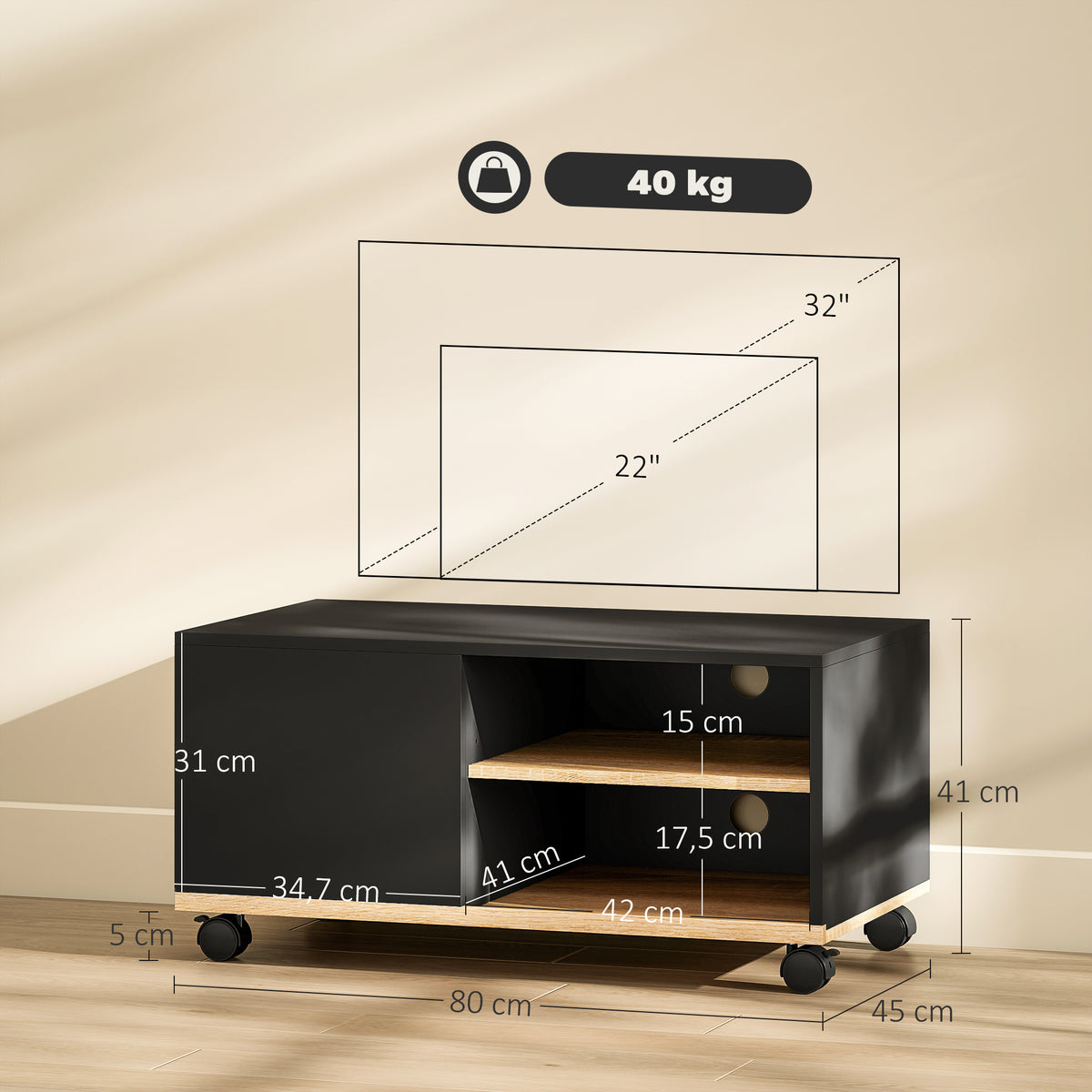 Meuble TV sur roulettes avec 2 Freins - 2 niches + Placard Porte 2 Passe-Fil - en bois Noir chêne Clair