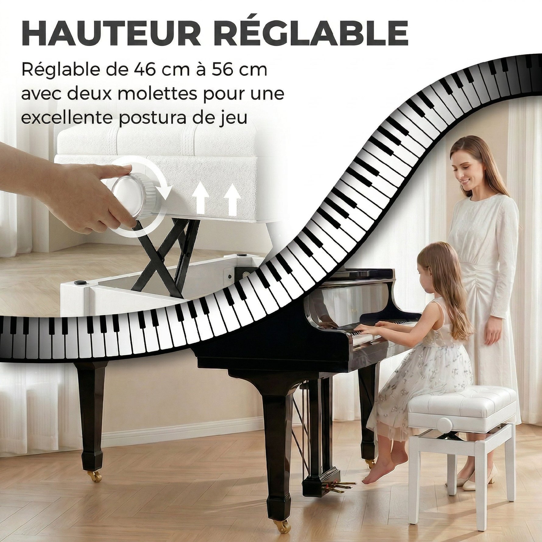 Banquette tabouret siège pour piano coffre intégré hauteur réglable bois hévéa assise revêtement synthétique blanc