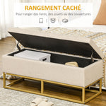 Banc banquette coffre de rangement 2 en 1 assise capitonnée et pieds acier 110 x 44 x 48 cm beige et doré