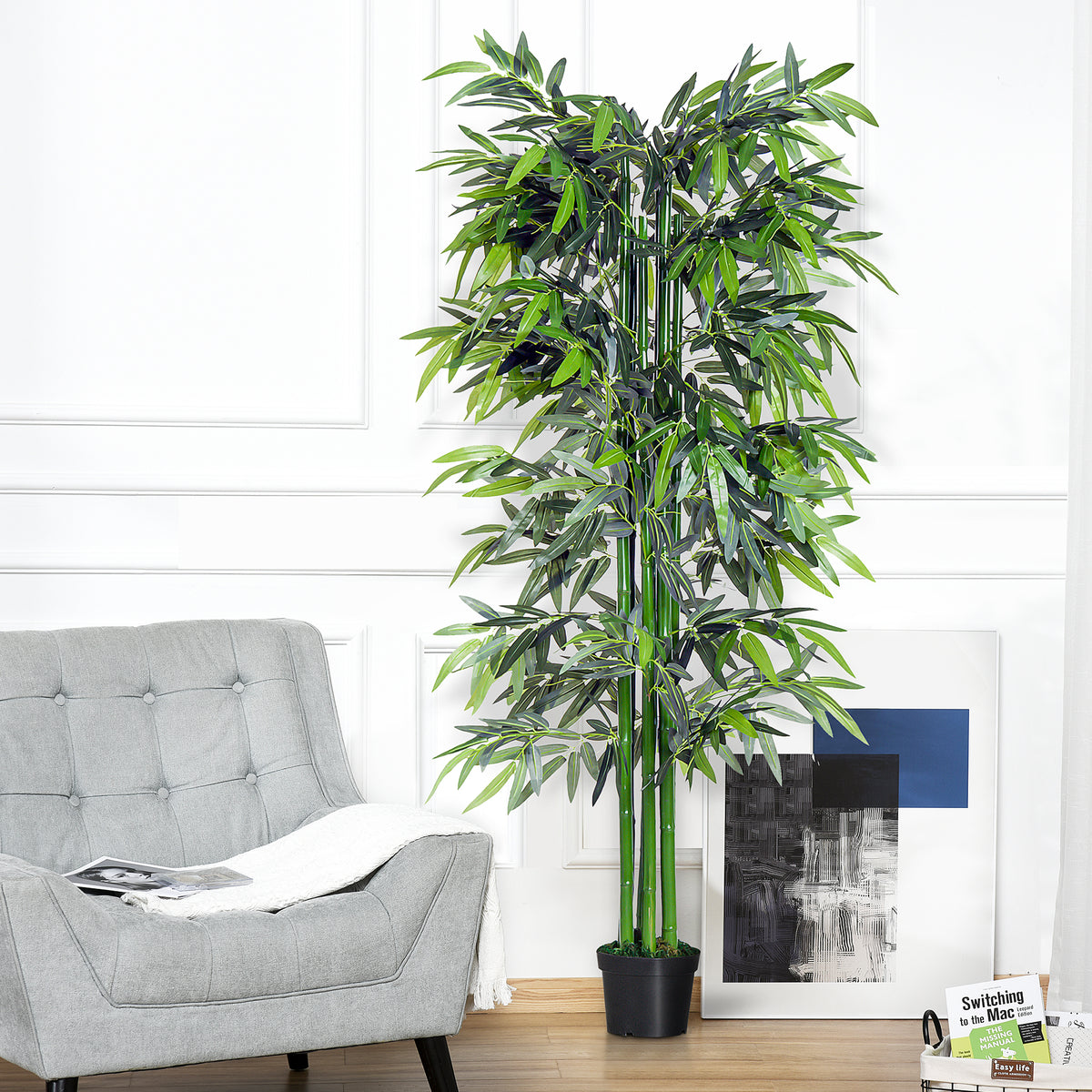 Bambou Artificiel XXL 1,80H m arbre artificiel Feuilles denses réalistes Pot Inclus Noir Vert
