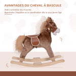 Cheval à Bascule Cheval de Cowboy Selle Grand Confort pour Enfants de 36+Mois Peluche Courte Douce Bois peuplier Charge 40 Kg Marron