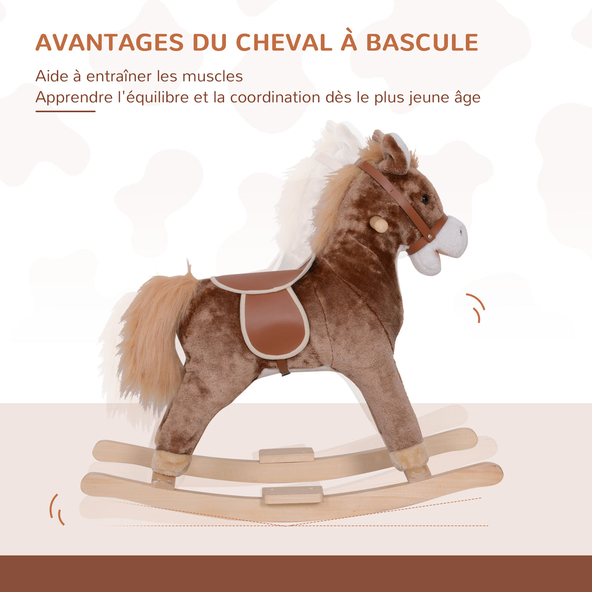 Cheval à Bascule Cheval de Cowboy Selle Grand Confort pour Enfants de 36+Mois Peluche Courte Douce Bois peuplier Charge 40 Kg Marron