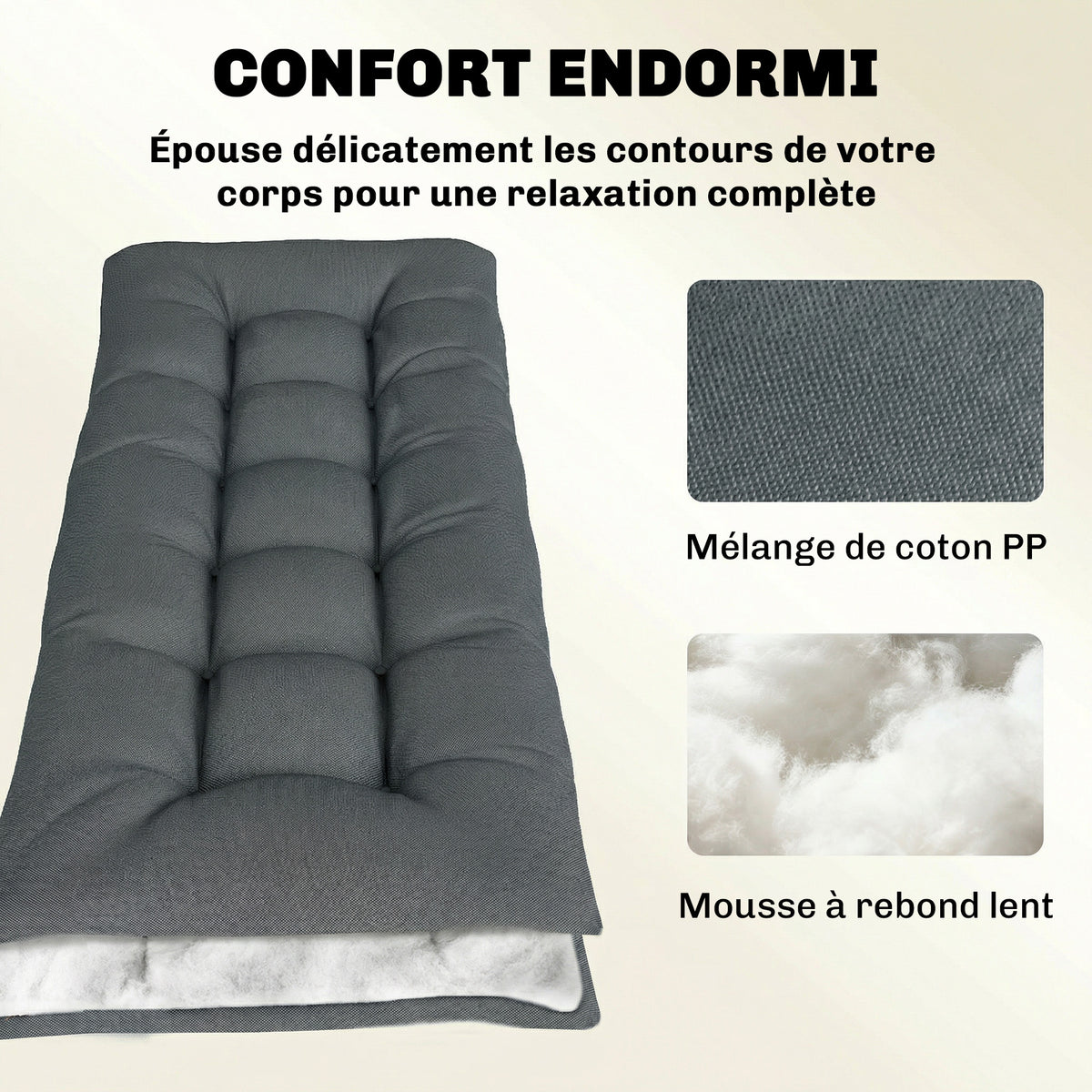 Coussin Bain de Soleil Chaise Longue en Mousse à Mémoire avec Sangles, Protection UV50+, 198x65x13cm, Gris foncé