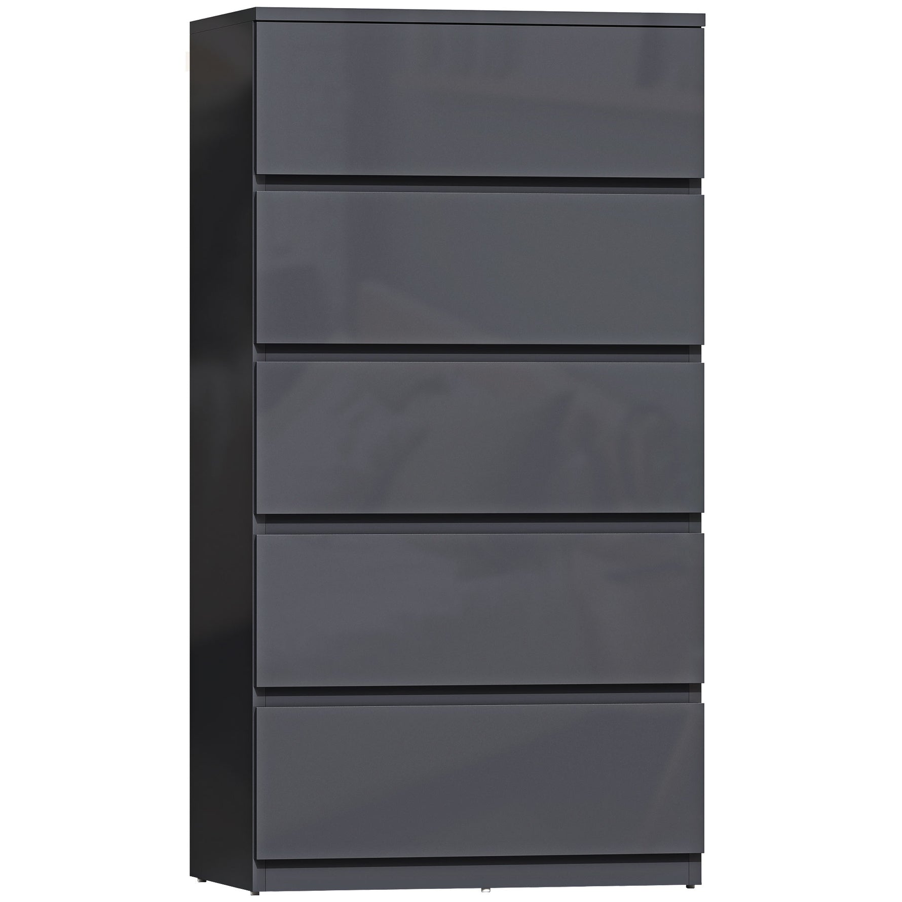 Commode 5 tiroirs, meuble de rangement à haute brillance, fermeture douce et silencieuse, 53 x 34 x 100 cm, gris