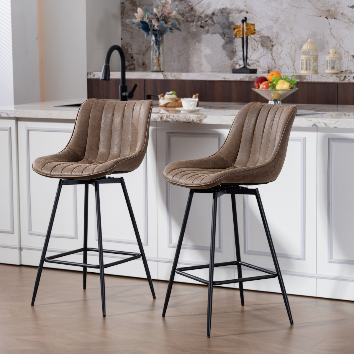 Juego de 2 taburetes de bar, sillas de bar de PU, asiento acolchado de 68 cm de alto, con respaldo y reposapiés, marrón