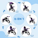 Tricycle enfant évolutif pare-soleil pliable canne télescopique amovible 95 x 50 x 106 cm acier violet blanc