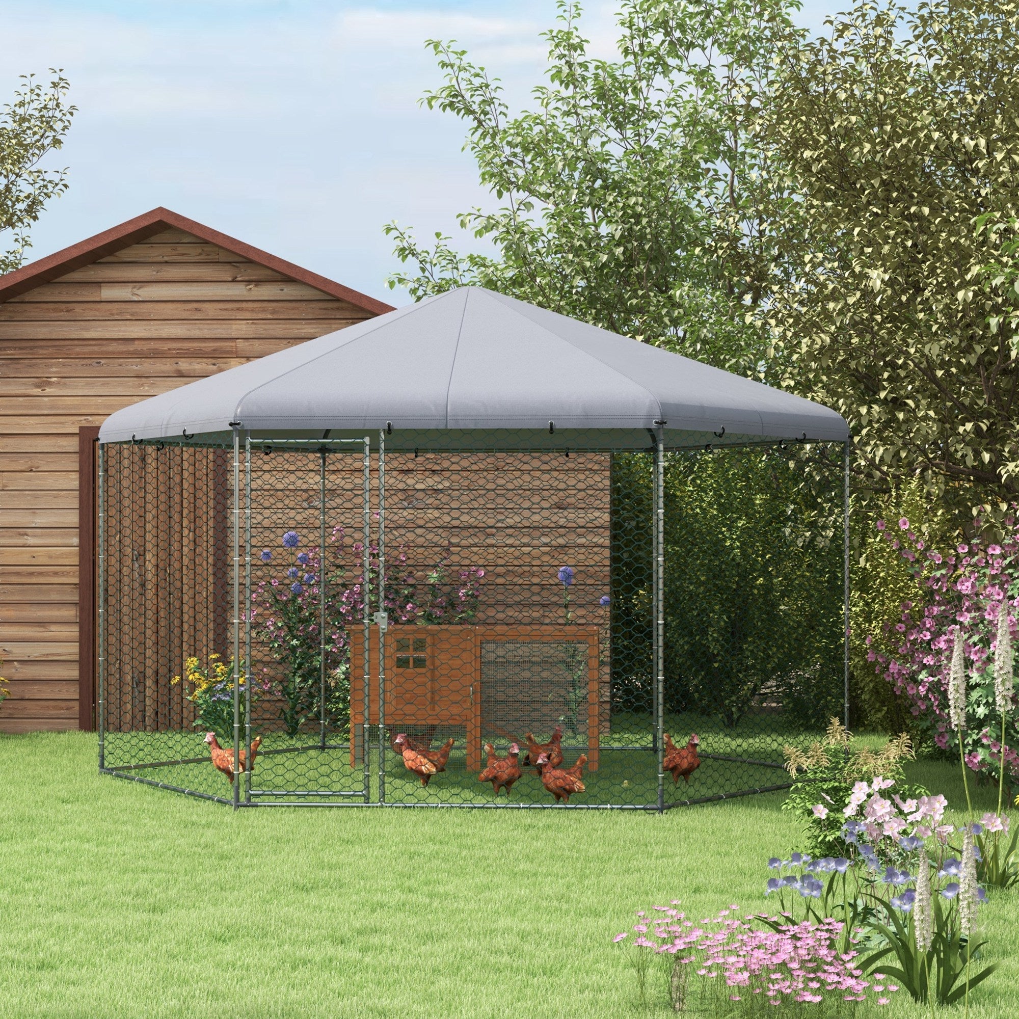 Hühnergehege 10 m² Außenbereich, Voliere 400 x 346 x 263 cm – überdacht – 10–15 Hühner