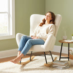 Fauteuil à Bascule, Rocking Chair en Peluche Teddy avec Dossier Haut, Coussin, Pieds en Bois d'Hévéa, Crème