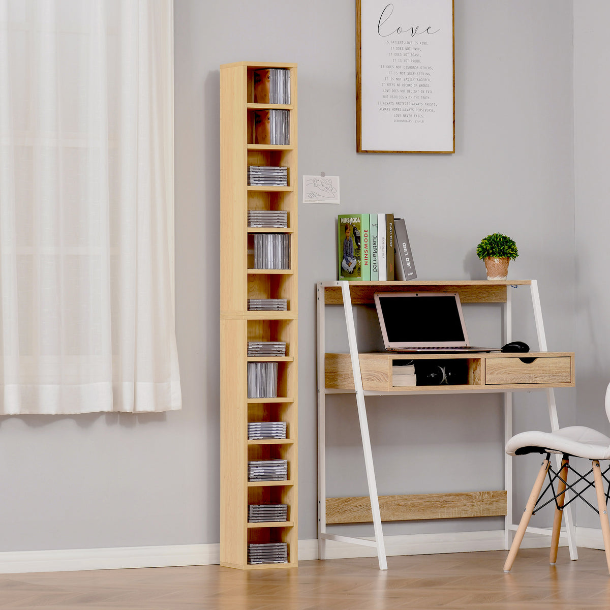 Lot de 2 étagères colonnes Armoire de Rangement CD-DVD 6 + 6 Compartiments dim. 21L x 19l x 88H cm capacité Max. 160 CD Naturel