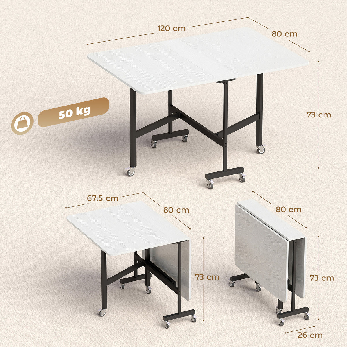 Tavolo da pranzo pieghevole con ruote per 4-6 persone 120 cm, ruote con freni, 2 ante a ribalta, stile industriale, bianco nero